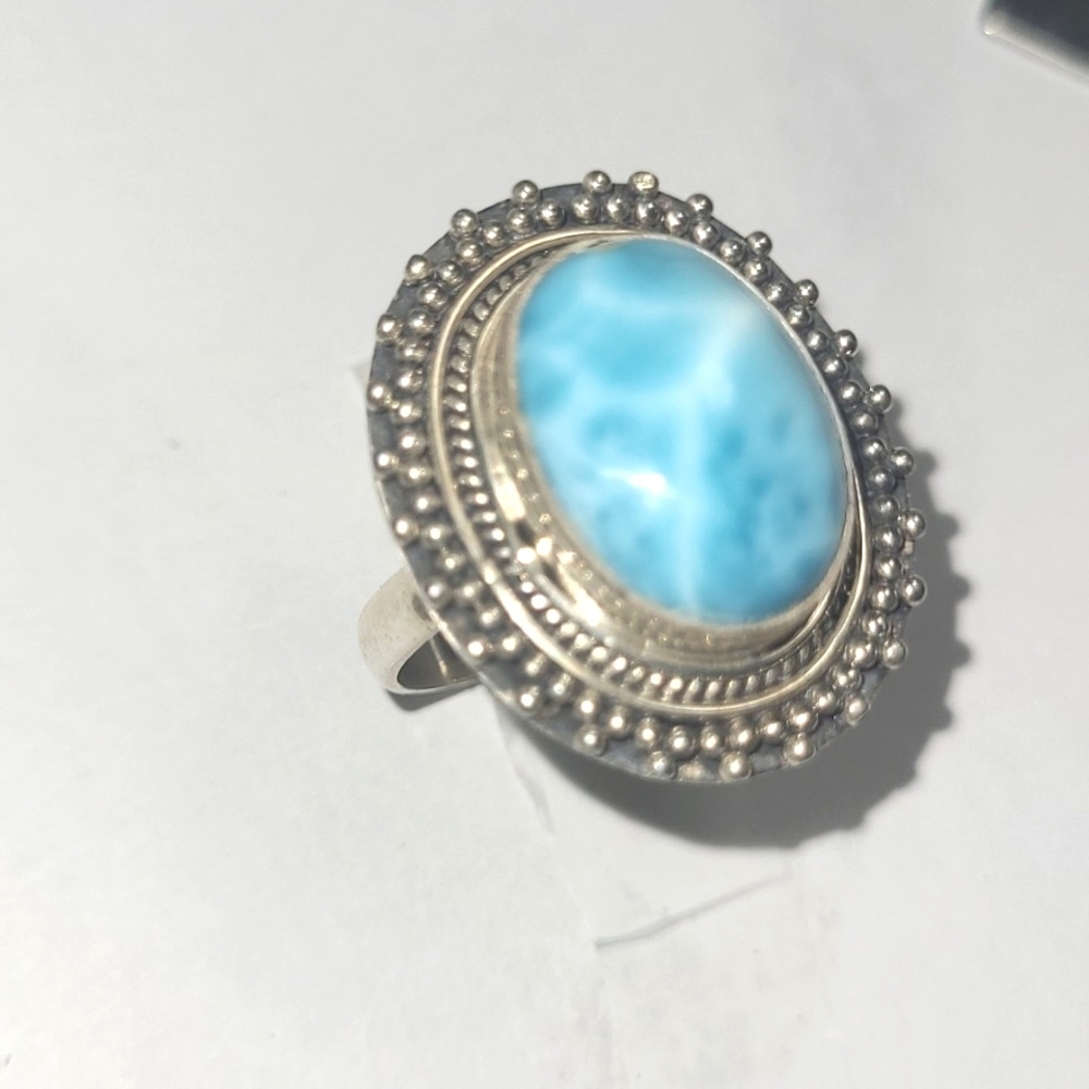 Cocktail Ring Sterling Silver 6ct Genuine Larimar Antique Oval Cushion Cut sz 9
